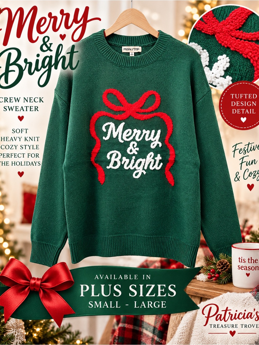 Main Strip Green Crewneck Sweater with Red & White Tufted Bow